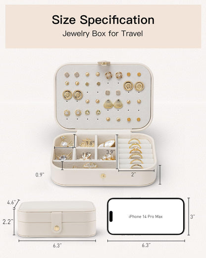 Travel Jewelry Case for Women Girls, Gifts for Mother, PU Leather Small Jewelry Box for Rings, Necklaces, Bracelets, Earring Holder Organizer Storage for Travel Essentials - Beige