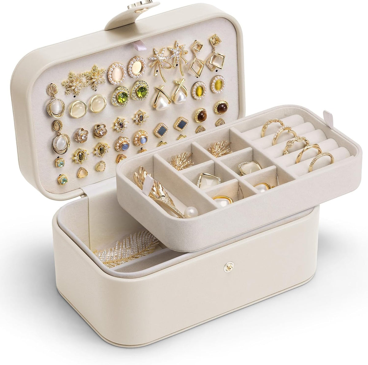 Travel Jewelry Case for Women Girls, Gifts for Mother, PU Leather Small Jewelry Box for Rings, Necklaces, Bracelets, Earring Holder Organizer Storage for Travel Essentials - Beige