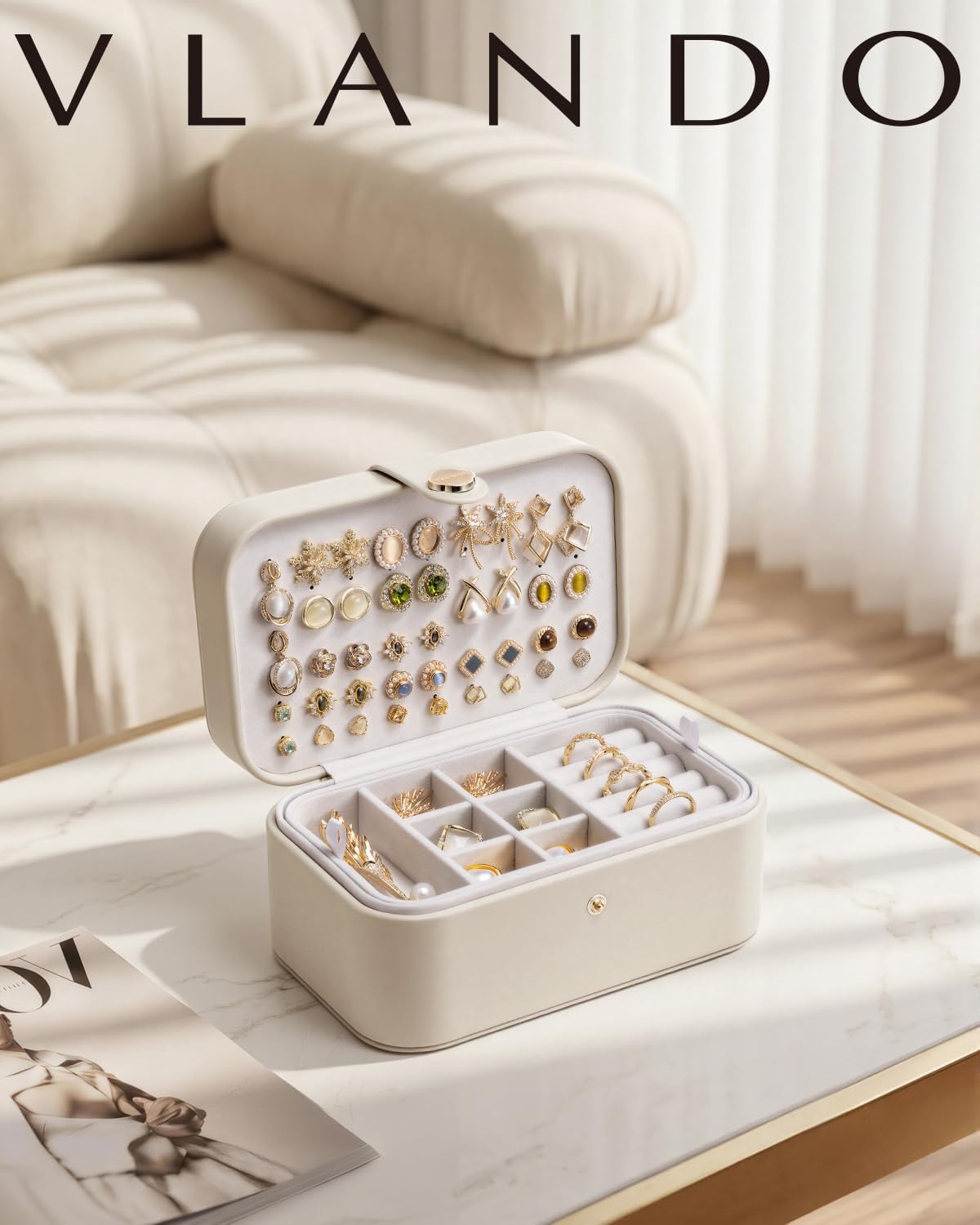 Travel Jewelry Case for Women Girls, Gifts for Mother, PU Leather Small Jewelry Box for Rings, Necklaces, Bracelets, Earring Holder Organizer Storage for Travel Essentials - Beige