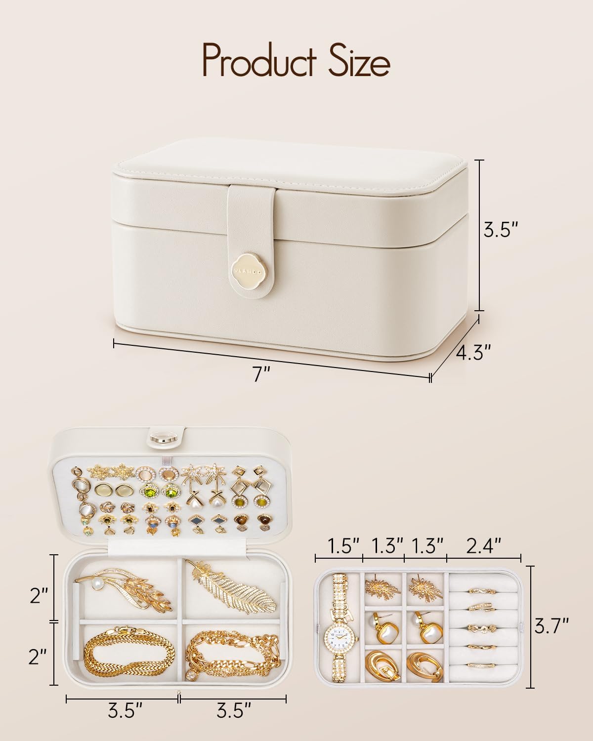 Travel Jewelry Case for Women Girls, Gifts for Mother, PU Leather Small Jewelry Box for Rings, Necklaces, Bracelets, Earring Holder Organizer Storage for Travel Essentials - Beige