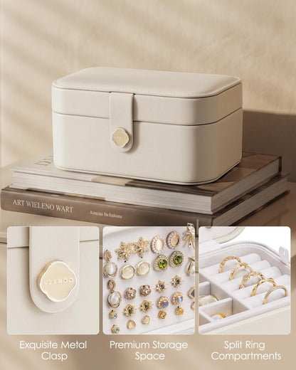 Travel Jewelry Case for Women Girls, Gifts for Mother, PU Leather Small Jewelry Box for Rings, Necklaces, Bracelets, Earring Holder Organizer Storage for Travel Essentials - Beige