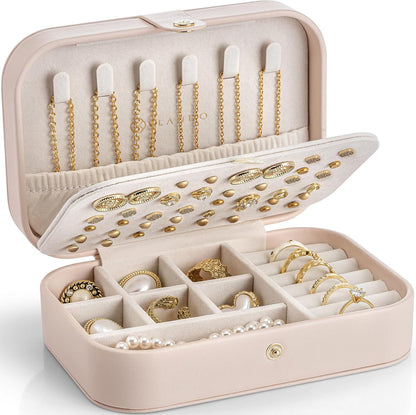 Travel Jewelry Case for Women Girls, Gifts for Mother, PU Leather Small Jewelry Box for Rings, Necklaces, Bracelets, Earring Holder Organizer Storage for Travel Essentials - Beige
