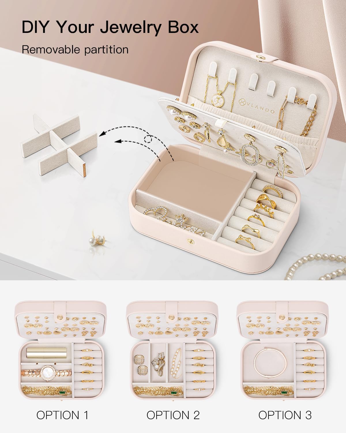 Travel Jewelry Case for Women Girls, Gifts for Mother, PU Leather Small Jewelry Box for Rings, Necklaces, Bracelets, Earring Holder Organizer Storage for Travel Essentials - Beige