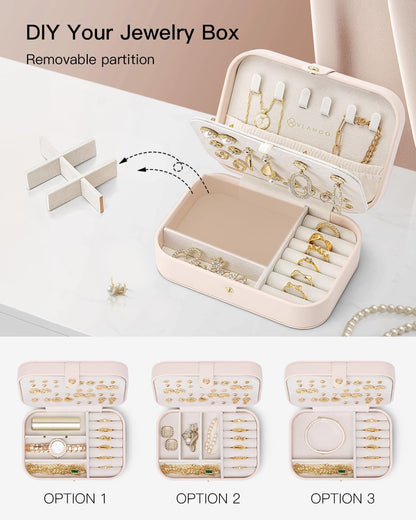 Travel Jewelry Case for Women Girls, Gifts for Mother, PU Leather Small Jewelry Box for Rings, Necklaces, Bracelets, Earring Holder Organizer Storage for Travel Essentials - Beige