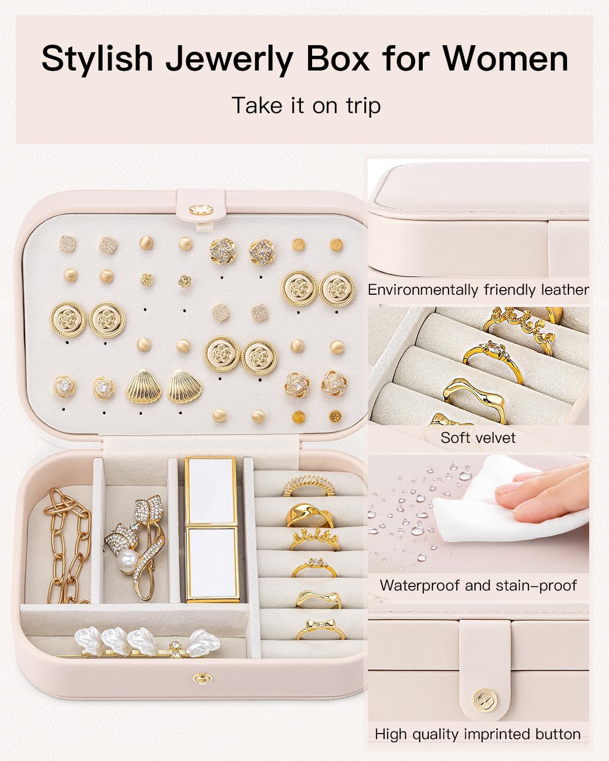 Travel Jewelry Case for Women Girls, Gifts for Mother, PU Leather Small Jewelry Box for Rings, Necklaces, Bracelets, Earring Holder Organizer Storage for Travel Essentials - Beige