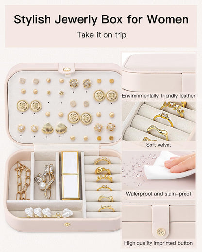 Travel Jewelry Case for Women Girls, Gifts for Mother, PU Leather Small Jewelry Box for Rings, Necklaces, Bracelets, Earring Holder Organizer Storage for Travel Essentials - Beige