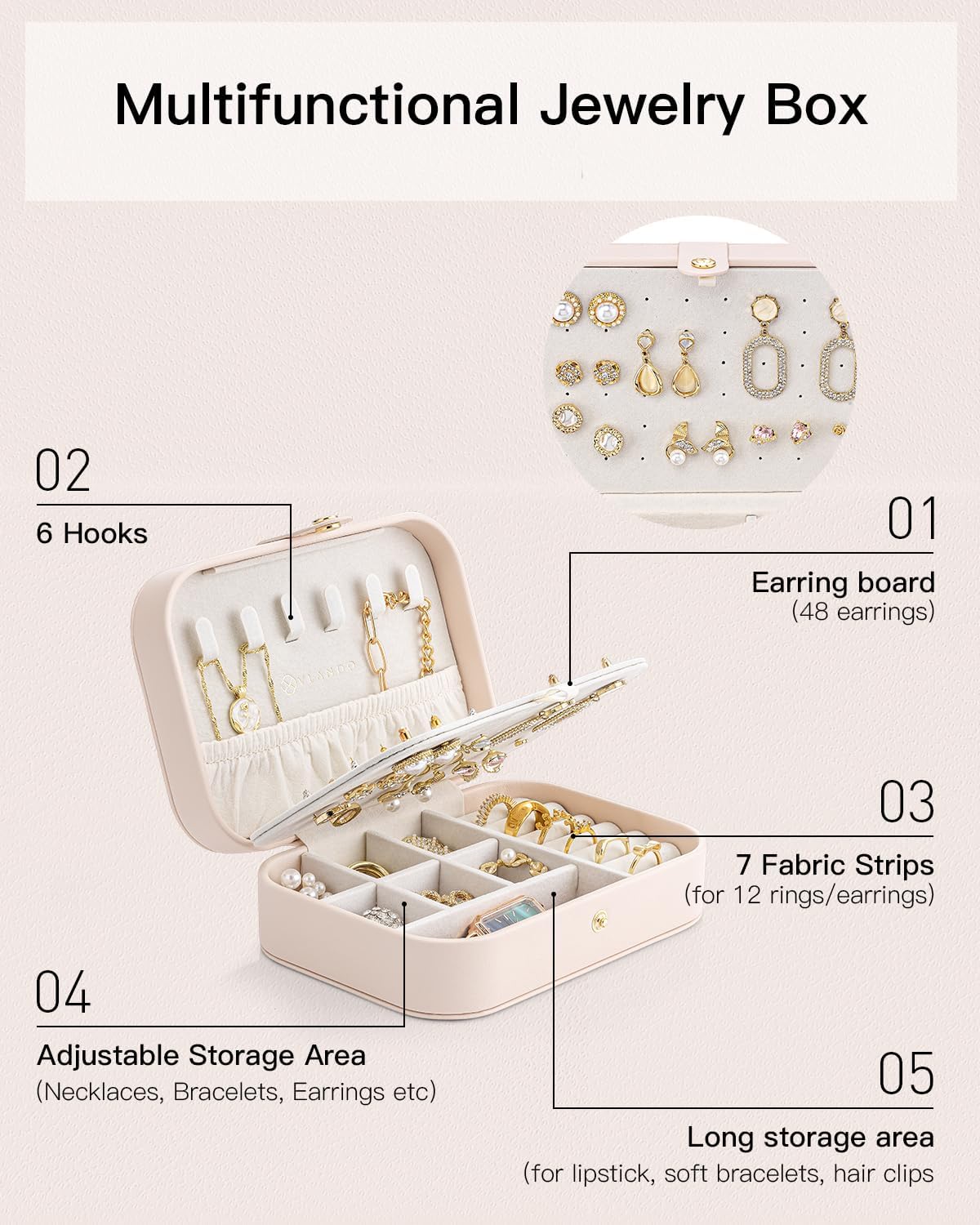 Travel Jewelry Case for Women Girls, Gifts for Mother, PU Leather Small Jewelry Box for Rings, Necklaces, Bracelets, Earring Holder Organizer Storage for Travel Essentials - Beige