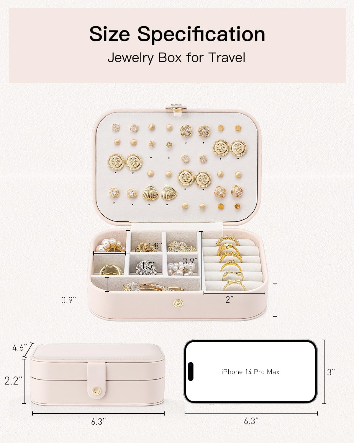 Travel Jewelry Case for Women Girls, Gifts for Mother, PU Leather Small Jewelry Box for Rings, Necklaces, Bracelets, Earring Holder Organizer Storage for Travel Essentials - Beige