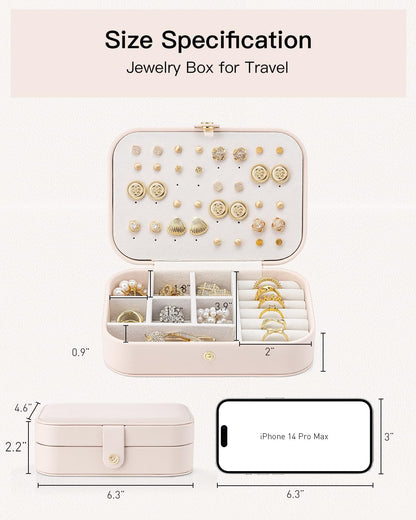 Travel Jewelry Case for Women Girls, Gifts for Mother, PU Leather Small Jewelry Box for Rings, Necklaces, Bracelets, Earring Holder Organizer Storage for Travel Essentials - Beige
