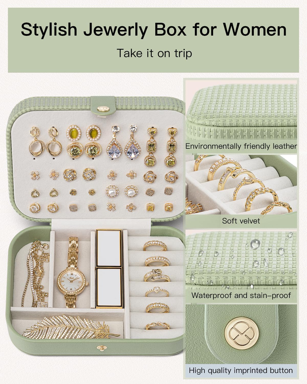 Travel Jewelry Case for Women Girls, Gifts for Mother, PU Leather Small Jewelry Box for Rings, Necklaces, Bracelets, Earring Holder Organizer Storage for Travel Essentials - Beige