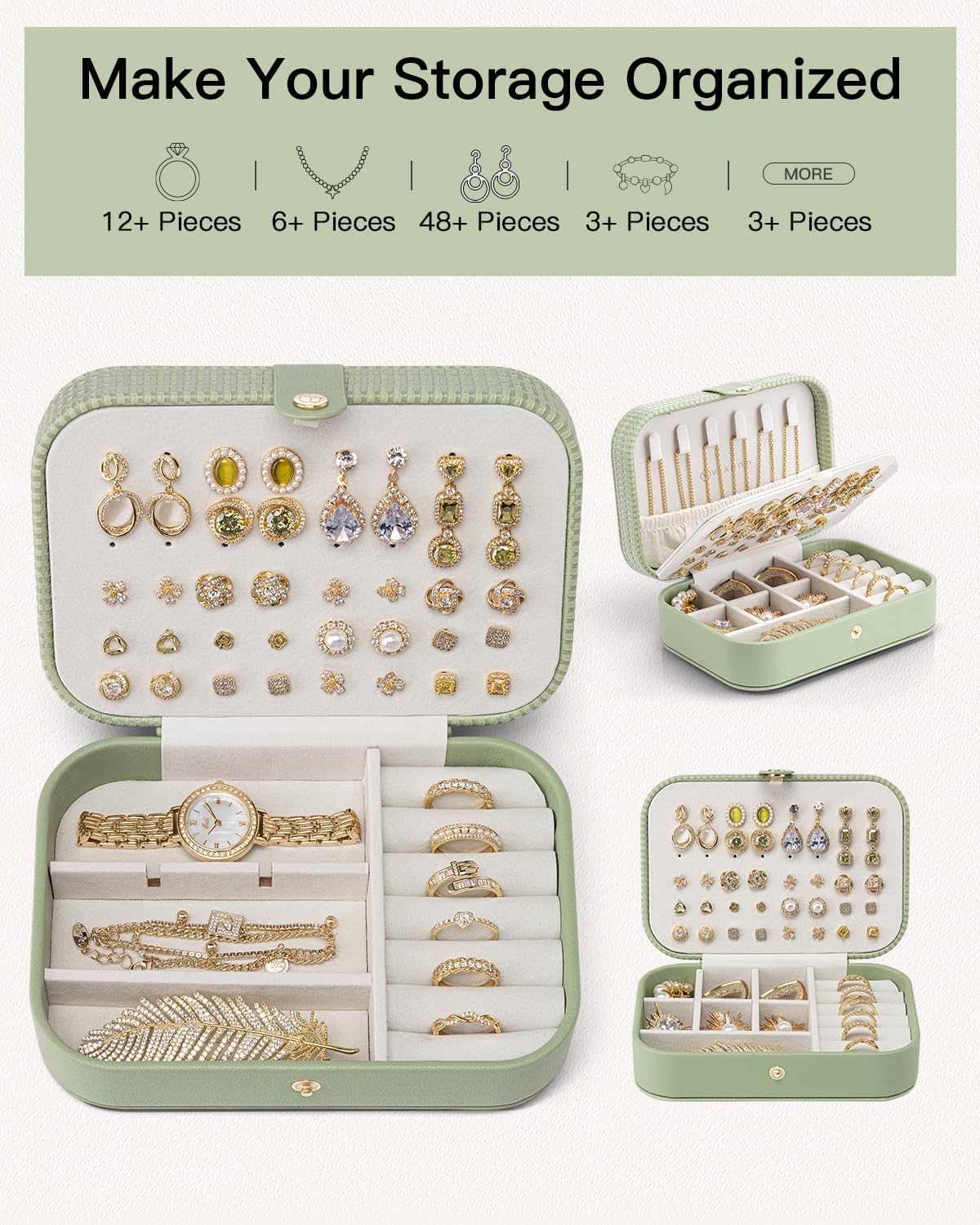 Travel Jewelry Case for Women Girls, Gifts for Mother, PU Leather Small Jewelry Box for Rings, Necklaces, Bracelets, Earring Holder Organizer Storage for Travel Essentials - Beige