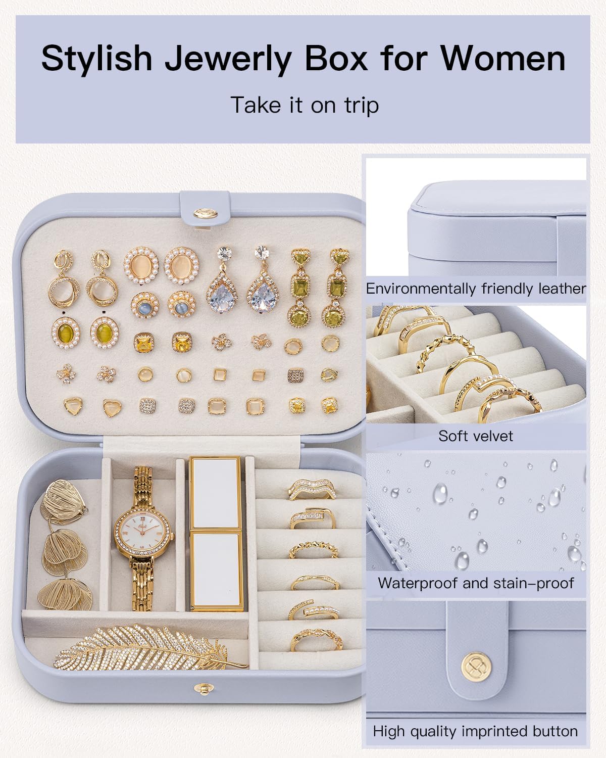 Travel Jewelry Case for Women Girls, Gifts for Mother, PU Leather Small Jewelry Box for Rings, Necklaces, Bracelets, Earring Holder Organizer Storage for Travel Essentials - Beige
