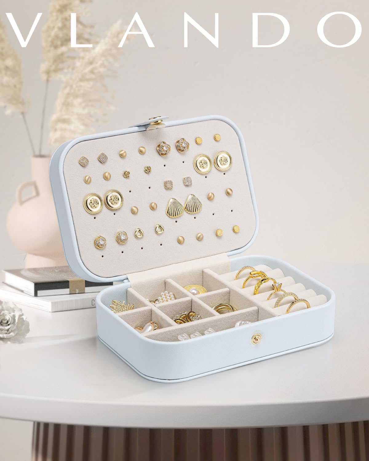 Travel Jewelry Case for Women Girls, Gifts for Mother, PU Leather Small Jewelry Box for Rings, Necklaces, Bracelets, Earring Holder Organizer Storage for Travel Essentials - Beige