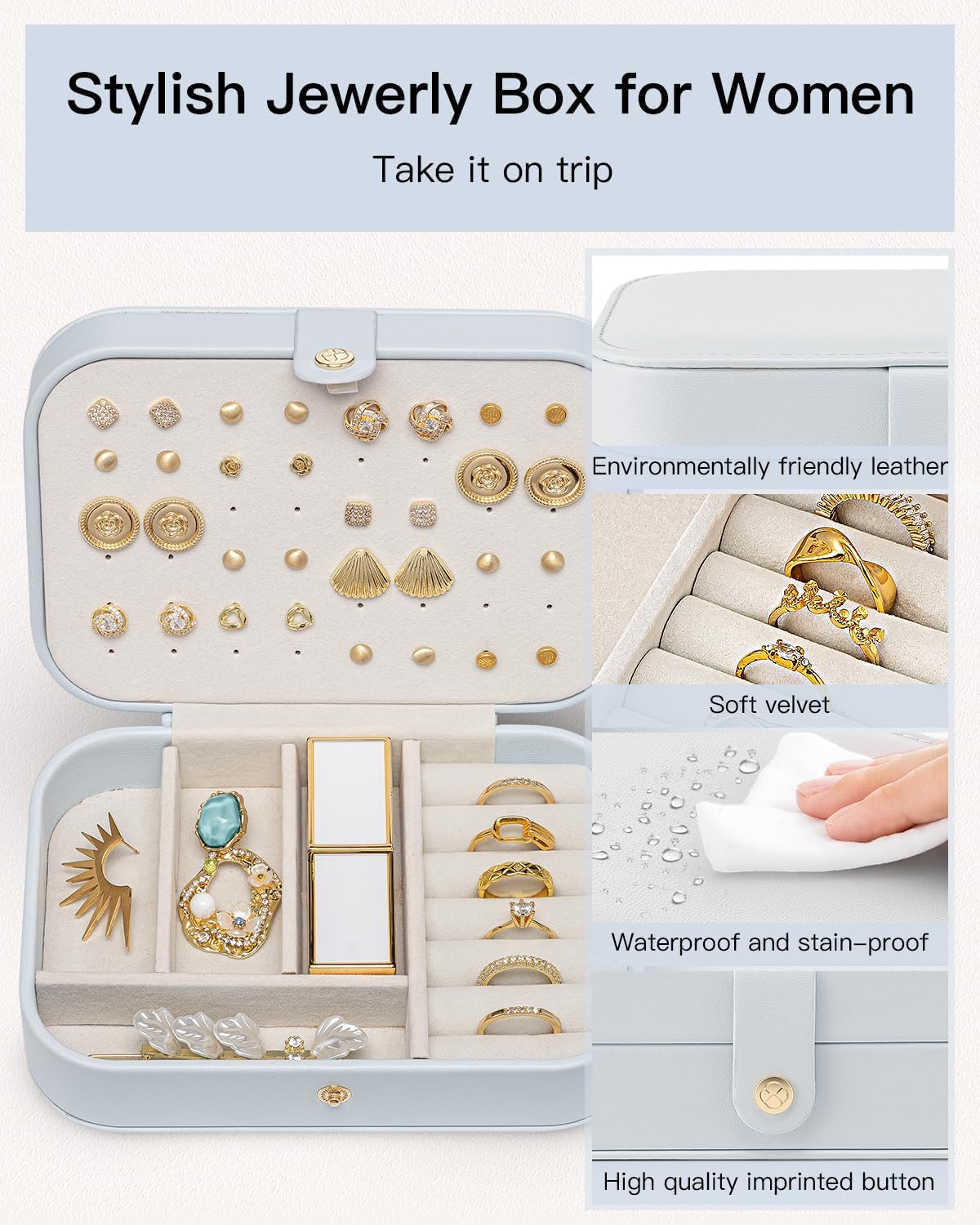 Travel Jewelry Case for Women Girls, Gifts for Mother, PU Leather Small Jewelry Box for Rings, Necklaces, Bracelets, Earring Holder Organizer Storage for Travel Essentials - Beige