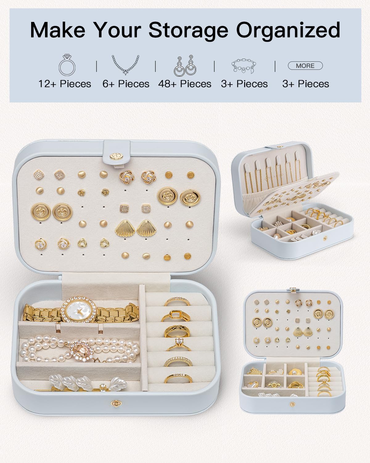Travel Jewelry Case for Women Girls, Gifts for Mother, PU Leather Small Jewelry Box for Rings, Necklaces, Bracelets, Earring Holder Organizer Storage for Travel Essentials - Beige