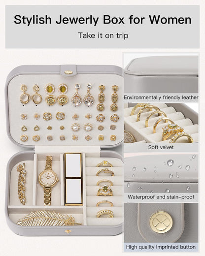 Travel Jewelry Case for Women Girls, Gifts for Mother, PU Leather Small Jewelry Box for Rings, Necklaces, Bracelets, Earring Holder Organizer Storage for Travel Essentials - Beige