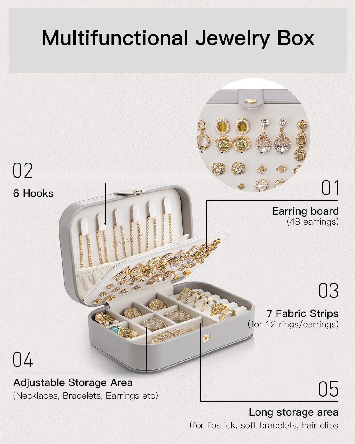 Travel Jewelry Case for Women Girls, Gifts for Mother, PU Leather Small Jewelry Box for Rings, Necklaces, Bracelets, Earring Holder Organizer Storage for Travel Essentials - Beige