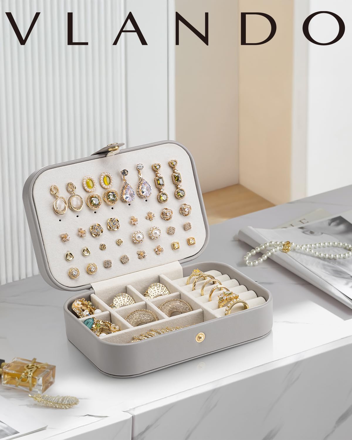 Travel Jewelry Case for Women Girls, Gifts for Mother, PU Leather Small Jewelry Box for Rings, Necklaces, Bracelets, Earring Holder Organizer Storage for Travel Essentials - Beige
