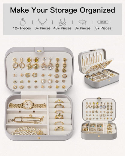 Travel Jewelry Case for Women Girls, Gifts for Mother, PU Leather Small Jewelry Box for Rings, Necklaces, Bracelets, Earring Holder Organizer Storage for Travel Essentials - Beige