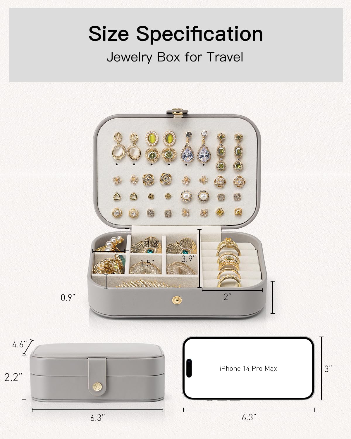 Travel Jewelry Case for Women Girls, Gifts for Mother, PU Leather Small Jewelry Box for Rings, Necklaces, Bracelets, Earring Holder Organizer Storage for Travel Essentials - Beige