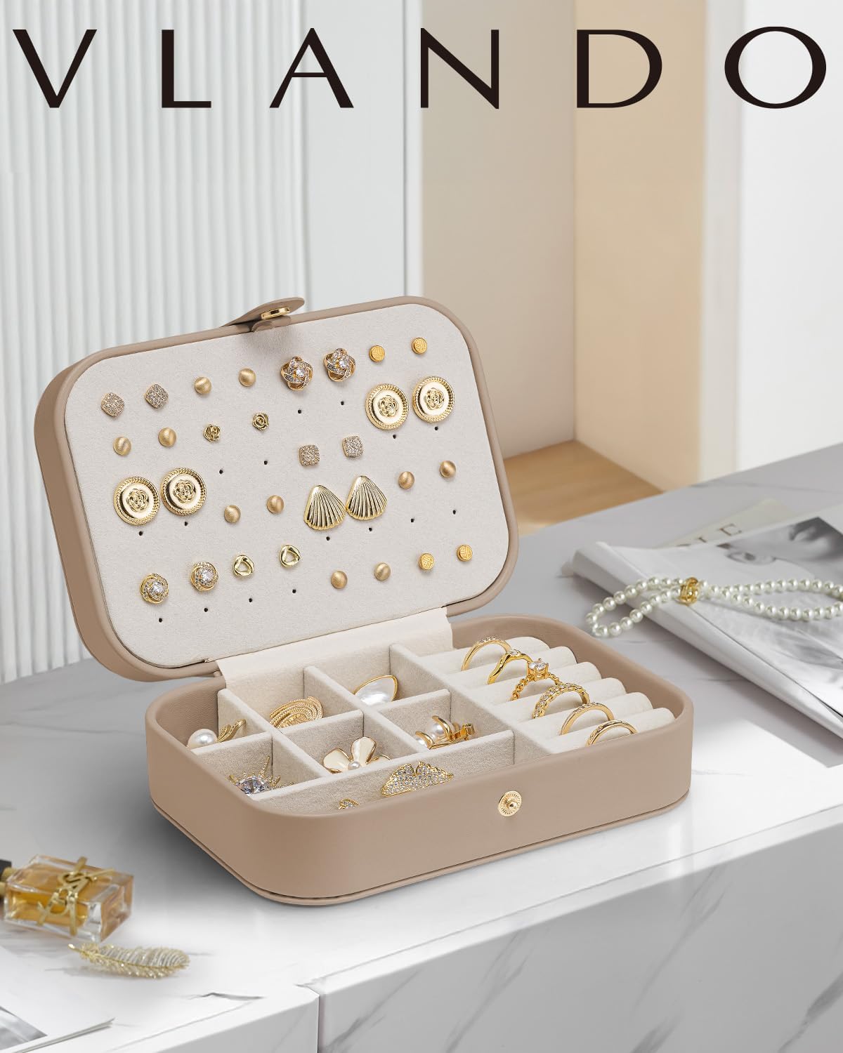 Travel Jewelry Case for Women Girls, Gifts for Mother, PU Leather Small Jewelry Box for Rings, Necklaces, Bracelets, Earring Holder Organizer Storage for Travel Essentials - Beige
