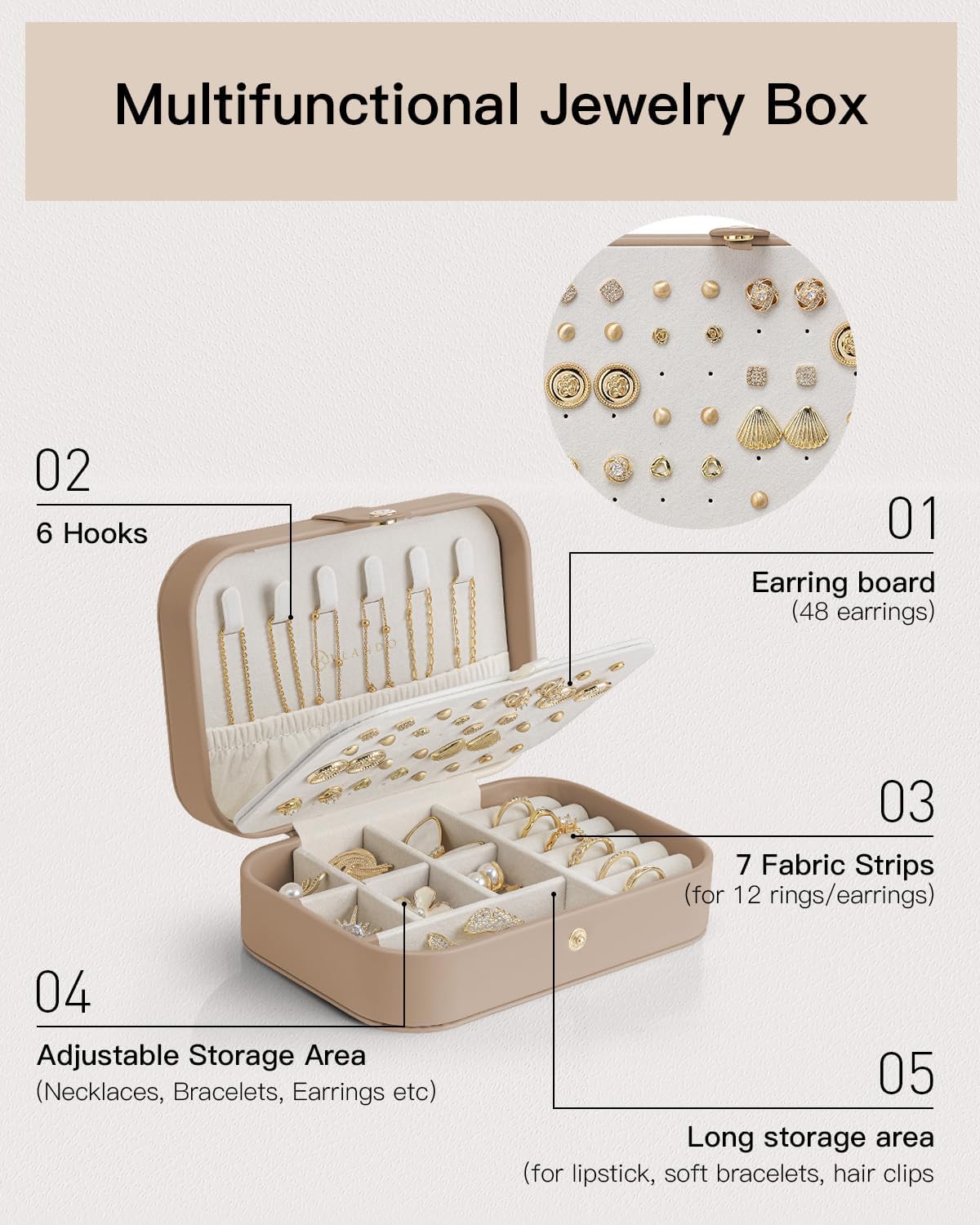 Travel Jewelry Case for Women Girls, Gifts for Mother, PU Leather Small Jewelry Box for Rings, Necklaces, Bracelets, Earring Holder Organizer Storage for Travel Essentials - Beige