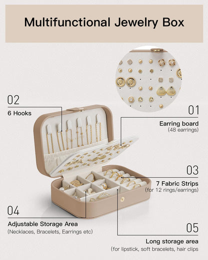 Travel Jewelry Case for Women Girls, Gifts for Mother, PU Leather Small Jewelry Box for Rings, Necklaces, Bracelets, Earring Holder Organizer Storage for Travel Essentials - Beige
