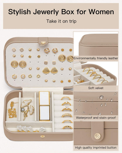 Travel Jewelry Case for Women Girls, Gifts for Mother, PU Leather Small Jewelry Box for Rings, Necklaces, Bracelets, Earring Holder Organizer Storage for Travel Essentials - Beige