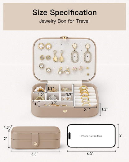 Travel Jewelry Case for Women Girls, Gifts for Mother, PU Leather Small Jewelry Box for Rings, Necklaces, Bracelets, Earring Holder Organizer Storage for Travel Essentials - Beige