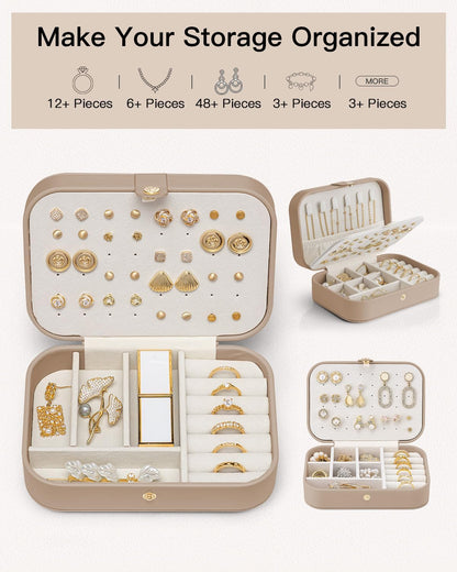 Travel Jewelry Case for Women Girls, Gifts for Mother, PU Leather Small Jewelry Box for Rings, Necklaces, Bracelets, Earring Holder Organizer Storage for Travel Essentials - Beige