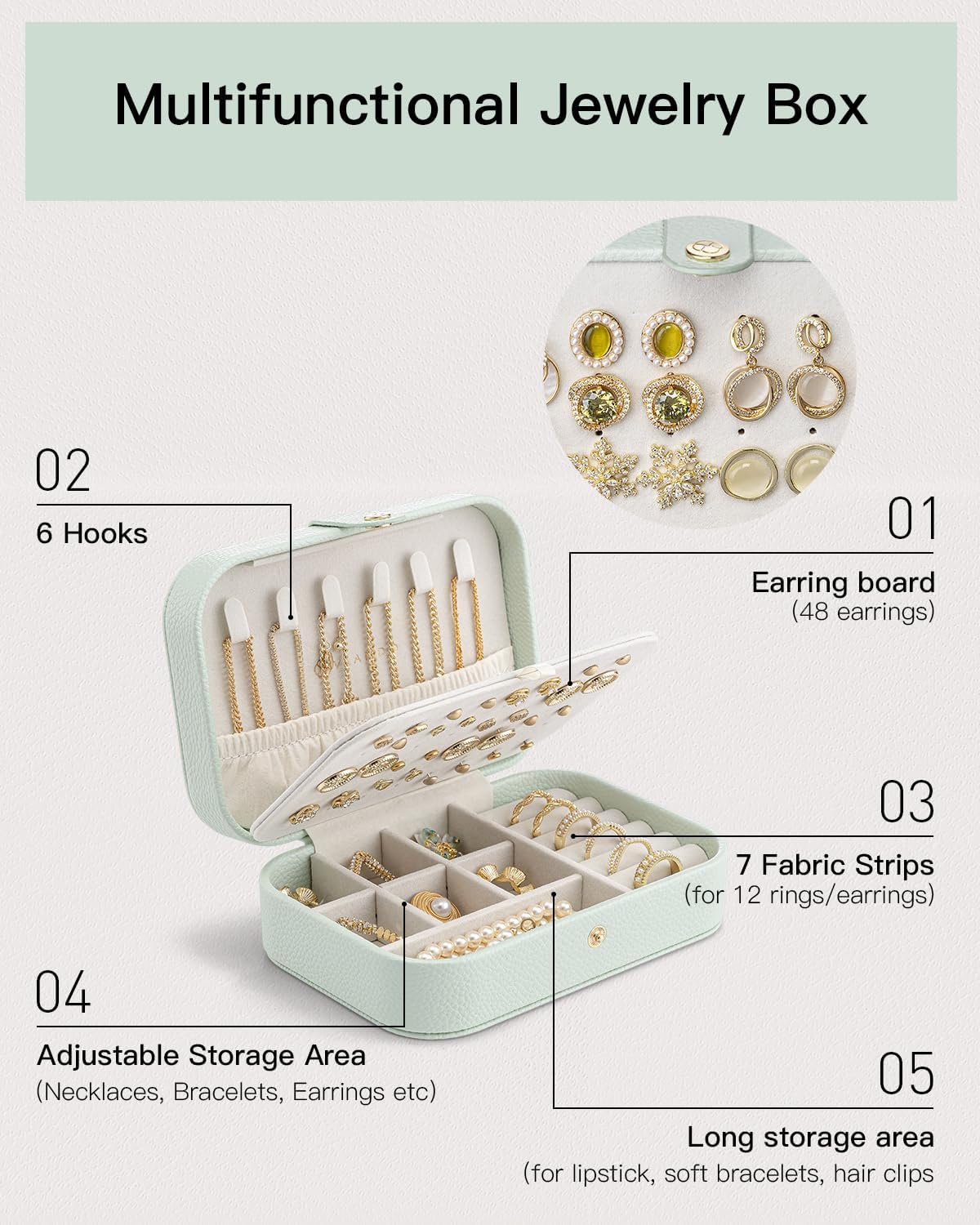 Travel Jewelry Case for Women Girls, Gifts for Mother, PU Leather Small Jewelry Box for Rings, Necklaces, Bracelets, Earring Holder Organizer Storage for Travel Essentials - Beige