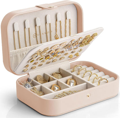 Travel Jewelry Case for Women Girls, Gifts for Mother, PU Leather Small Jewelry Box for Rings, Necklaces, Bracelets, Earring Holder Organizer Storage for Travel Essentials - Beige