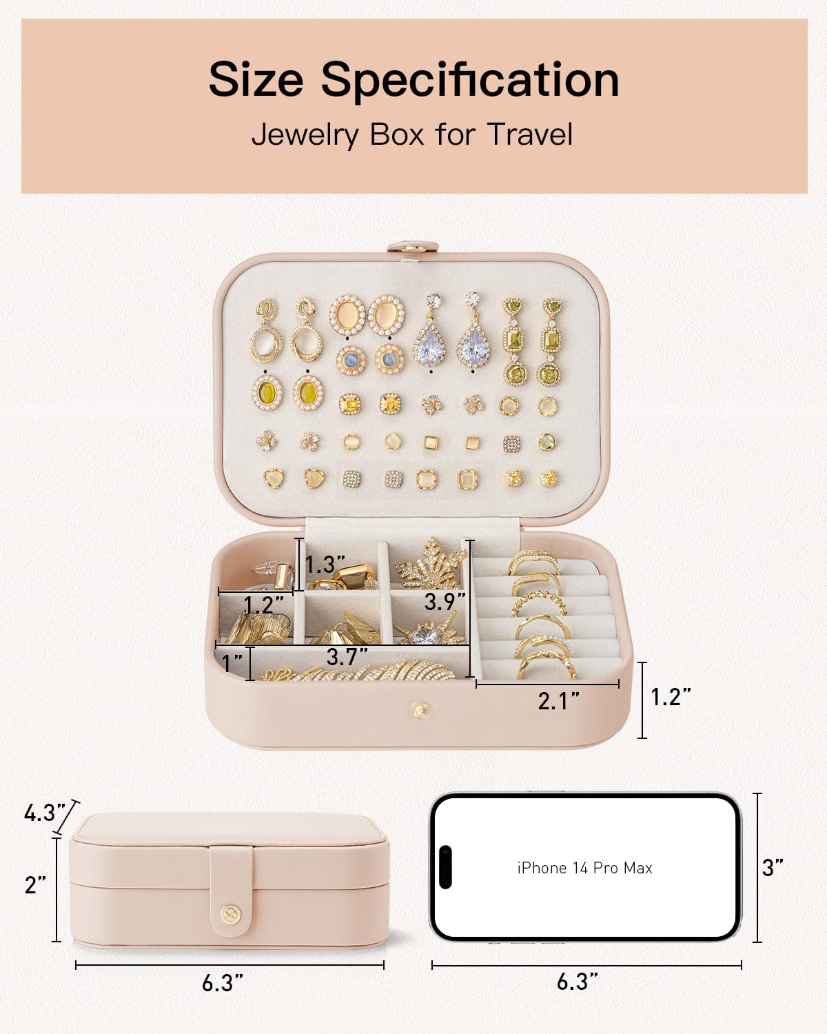 Travel Jewelry Case for Women Girls, Gifts for Mother, PU Leather Small Jewelry Box for Rings, Necklaces, Bracelets, Earring Holder Organizer Storage for Travel Essentials - Beige
