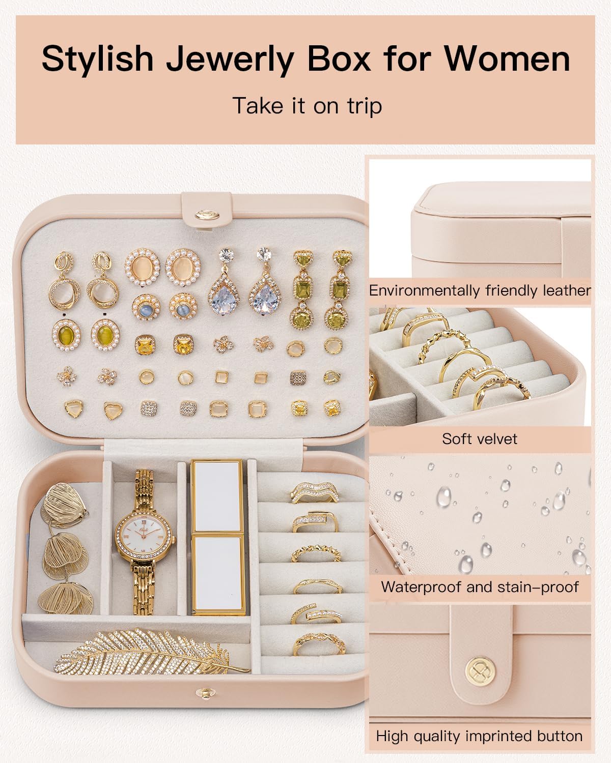 Travel Jewelry Case for Women Girls, Gifts for Mother, PU Leather Small Jewelry Box for Rings, Necklaces, Bracelets, Earring Holder Organizer Storage for Travel Essentials - Beige