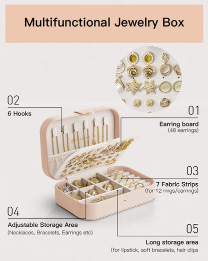 Travel Jewelry Case for Women Girls, Gifts for Mother, PU Leather Small Jewelry Box for Rings, Necklaces, Bracelets, Earring Holder Organizer Storage for Travel Essentials - Beige