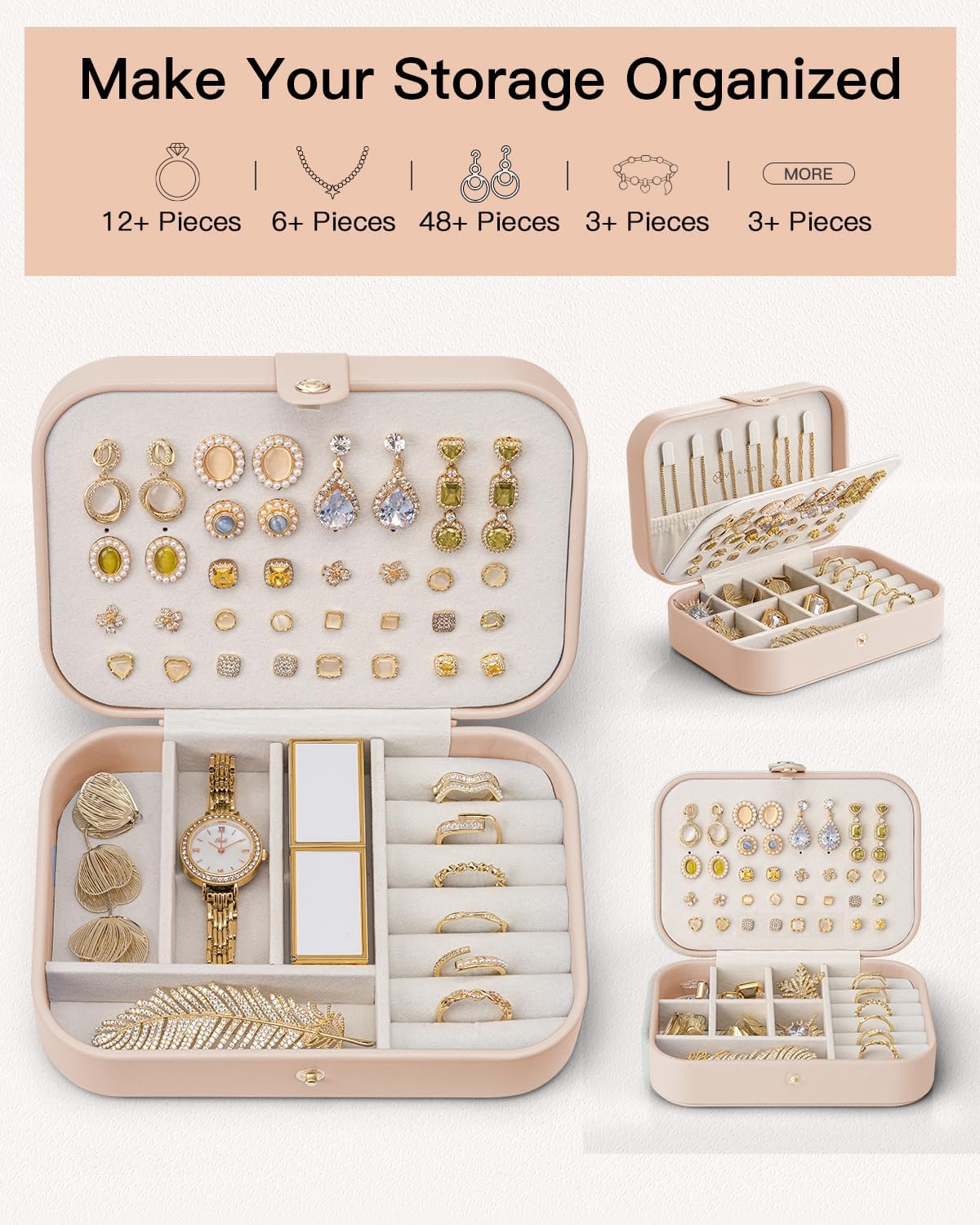 Travel Jewelry Case for Women Girls, Gifts for Mother, PU Leather Small Jewelry Box for Rings, Necklaces, Bracelets, Earring Holder Organizer Storage for Travel Essentials - Beige
