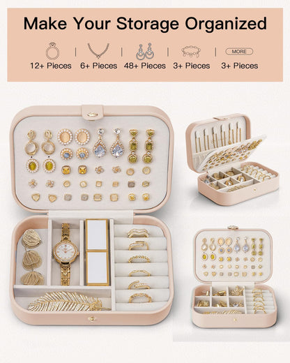 Travel Jewelry Case for Women Girls, Gifts for Mother, PU Leather Small Jewelry Box for Rings, Necklaces, Bracelets, Earring Holder Organizer Storage for Travel Essentials - Beige