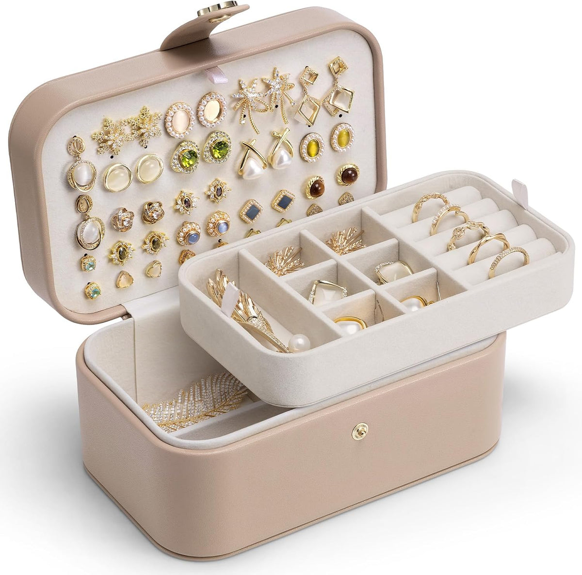 Travel Jewelry Case for Women Girls, Gifts for Mother, PU Leather Small Jewelry Box for Rings, Necklaces, Bracelets, Earring Holder Organizer Storage for Travel Essentials - Beige