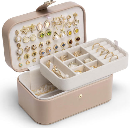 Travel Jewelry Case for Women Girls, Gifts for Mother, PU Leather Small Jewelry Box for Rings, Necklaces, Bracelets, Earring Holder Organizer Storage for Travel Essentials - Beige