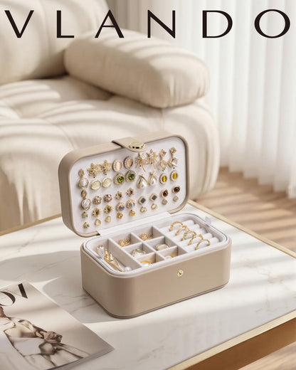 Travel Jewelry Case for Women Girls, Gifts for Mother, PU Leather Small Jewelry Box for Rings, Necklaces, Bracelets, Earring Holder Organizer Storage for Travel Essentials - Beige