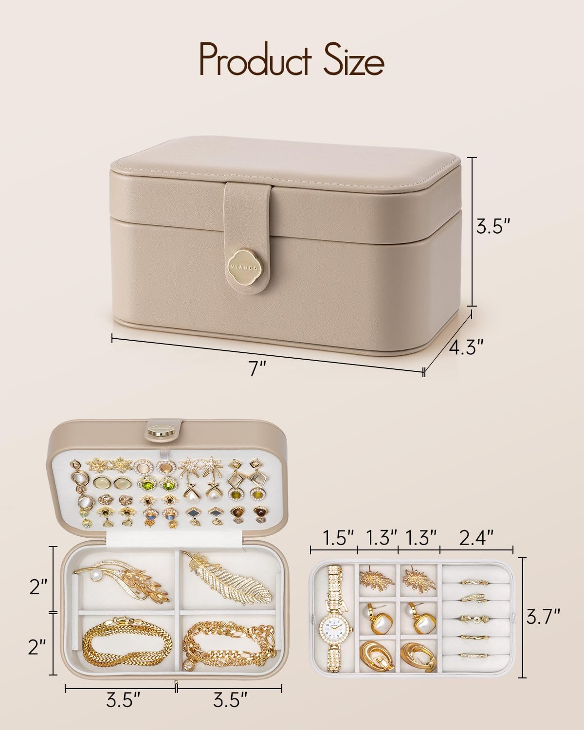 Travel Jewelry Case for Women Girls, Gifts for Mother, PU Leather Small Jewelry Box for Rings, Necklaces, Bracelets, Earring Holder Organizer Storage for Travel Essentials - Beige
