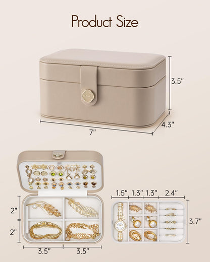 Travel Jewelry Case for Women Girls, Gifts for Mother, PU Leather Small Jewelry Box for Rings, Necklaces, Bracelets, Earring Holder Organizer Storage for Travel Essentials - Beige