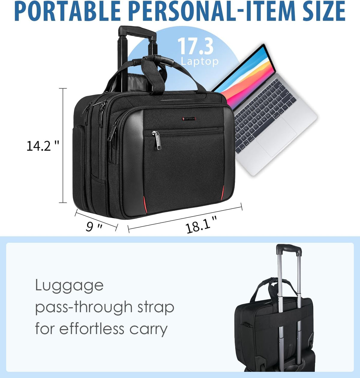 17.3 Inch Rolling Laptop Bag, Heavy-Duty Waterproof Rolling Computer Bag with Wheels, Carry-on Briefcase with RFID Blocking Pocket, Premium Feel Travel/Work/Business Bag for Women/Men - Black