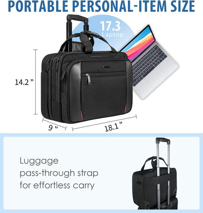 17.3 Inch Rolling Laptop Bag, Heavy-Duty Waterproof Rolling Computer Bag with Wheels, Carry-on Briefcase with RFID Blocking Pocket, Premium Feel Travel/Work/Business Bag for Women/Men - Black