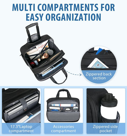 17.3 Inch Rolling Laptop Bag, Heavy-Duty Waterproof Rolling Computer Bag with Wheels, Carry-on Briefcase with RFID Blocking Pocket, Premium Feel Travel/Work/Business Bag for Women/Men - Black