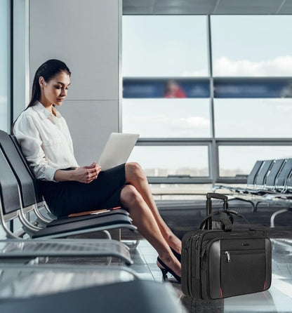17.3 Inch Rolling Laptop Bag, Heavy-Duty Waterproof Rolling Computer Bag with Wheels, Carry-on Briefcase with RFID Blocking Pocket, Premium Feel Travel/Work/Business Bag for Women/Men - Black