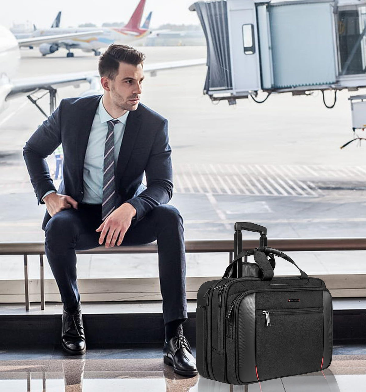 17.3 Inch Rolling Laptop Bag, Heavy-Duty Waterproof Rolling Computer Bag with Wheels, Carry-on Briefcase with RFID Blocking Pocket, Premium Feel Travel/Work/Business Bag for Women/Men - Black