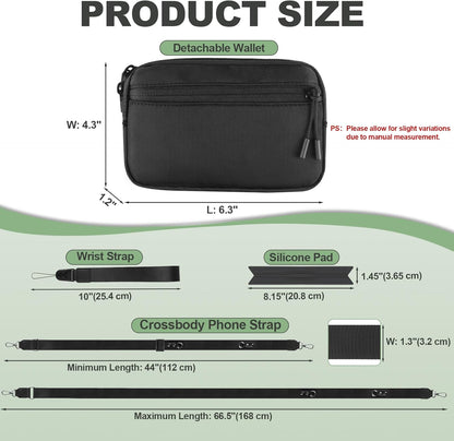 Clip and Go Strap for Phone with Wallet Crossbody, Adjustable Phone Lanyard with Detachable RFID Wristlet Wallet, Universal Phone Strap with 360° Rotatable Phone Tabs for All Phones (Black)