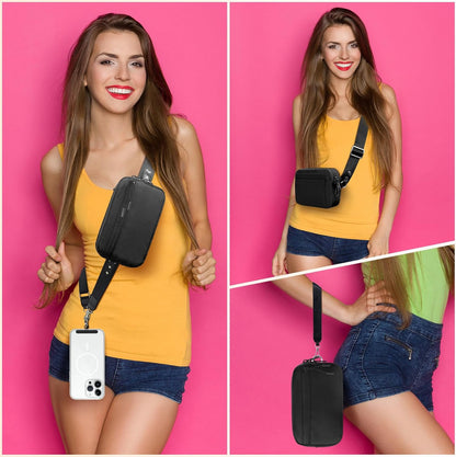 Clip and Go Strap for Phone with Wallet Crossbody, Adjustable Phone Lanyard with Detachable RFID Wristlet Wallet, Universal Phone Strap with 360° Rotatable Phone Tabs for All Phones (Black)