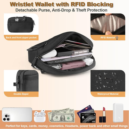 Clip and Go Strap for Phone with Wallet Crossbody, Adjustable Phone Lanyard with Detachable RFID Wristlet Wallet, Universal Phone Strap with 360° Rotatable Phone Tabs for All Phones (Black)